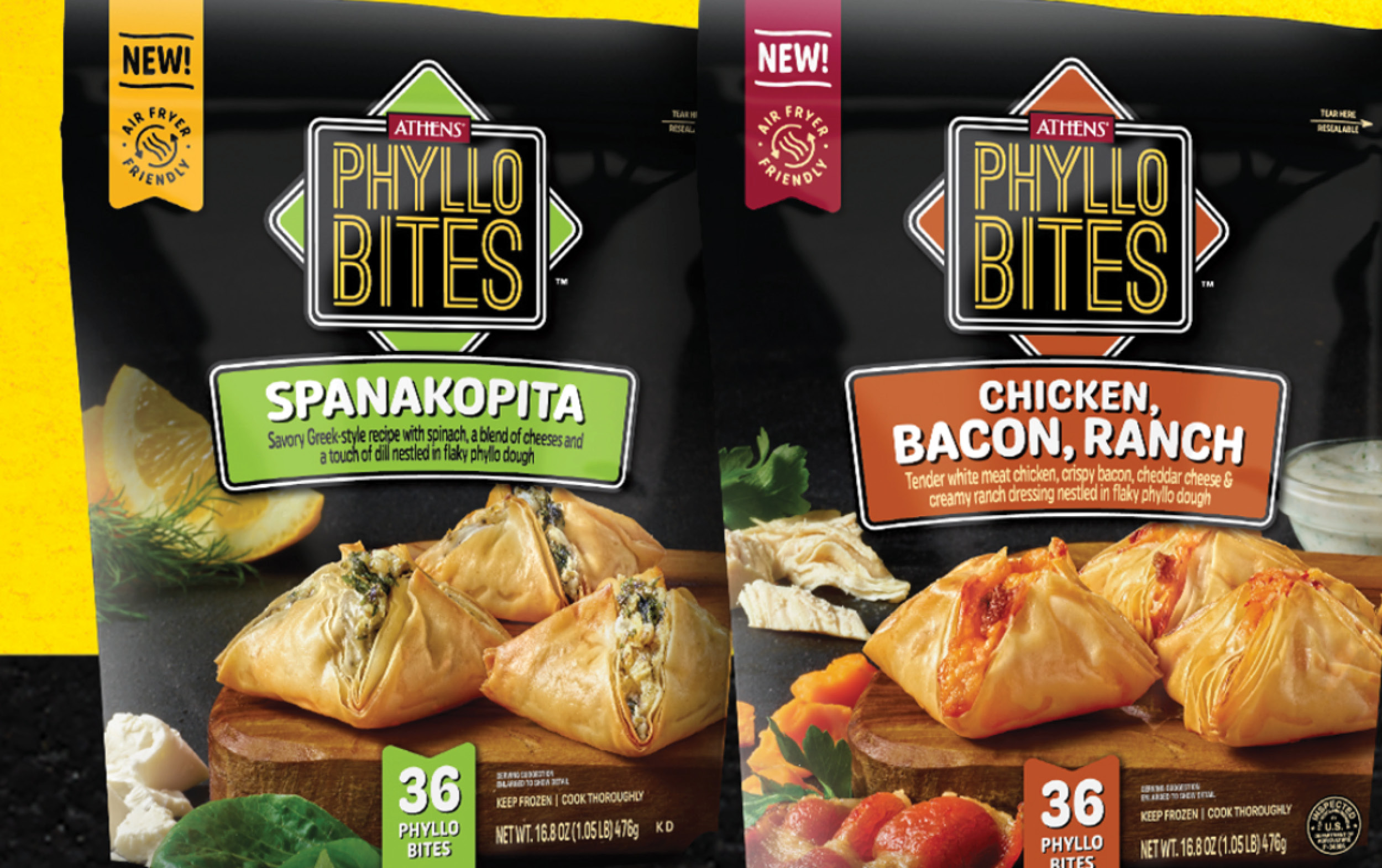 Two packages of Athens Phyllo Bites are shown: one labeled Spanakopita with spinach and cheese, and the other Chicken, Bacon, Ranch. Each New Arrivals package contains 36 bites for a tasty snack or appetizer.