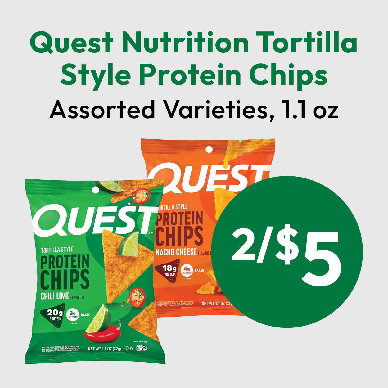 Two bags of Quest Nutrition Tortilla Style Protein Chips, Chili Lime and Nacho Cheese flavors, are shown with a sign reading 2/$5. Text above reads Quest Nutrition Tortilla Style Protein Chips, Assorted Varieties, 1.1 oz.