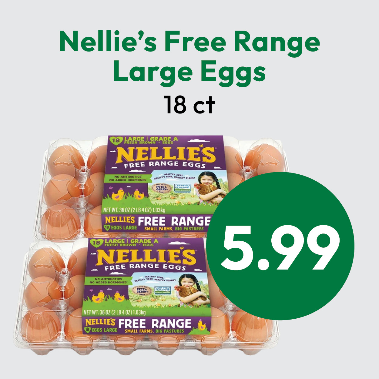 A carton of 18 Nellies Free Range Large Eggs with brown shells and a label, priced at $5.99.