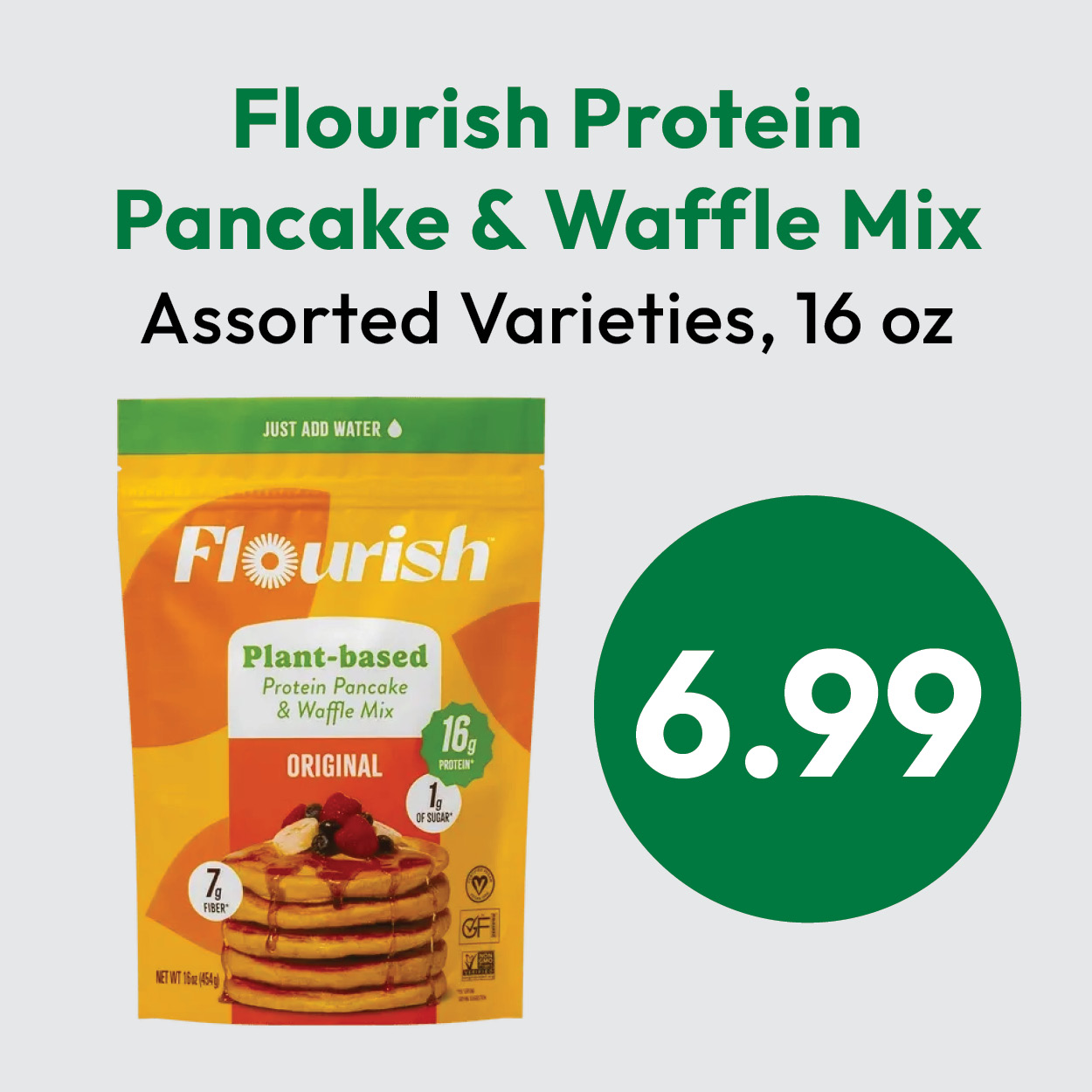 A bag of Flourish Protein Pancake & Waffle Mix, 16 oz, with Plant-based and 16g protein shown. Text reads 6.99 as the price. Background is light gray.