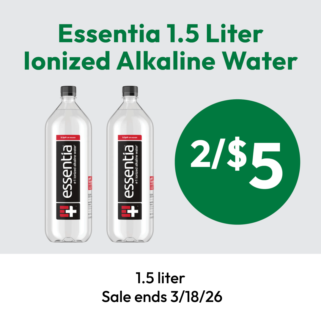 Two bottles of Essentia 1.5 liter ionized alkaline water are displayed next to a green circle with white text reading “2/$5.” Below, it says “1.5 liter, Sale ends 3/18/26.”.