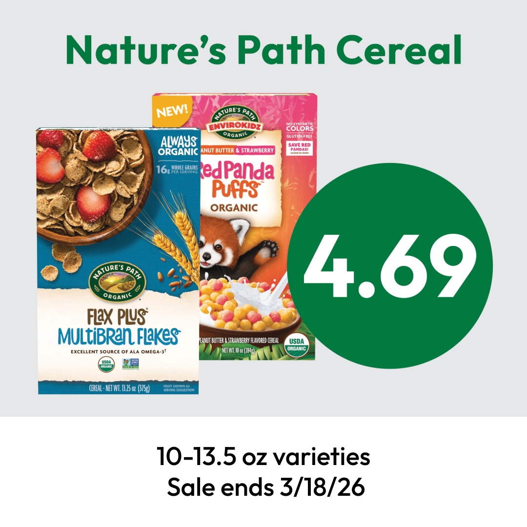 Two boxes of Nature’s Path Cereal, Flax Plus Multibran Flakes and Envirokidz Red Panda Puffs, with a green price of 4.69. Text below notes 10–13.5 oz varieties and sale ending 3/18/26.