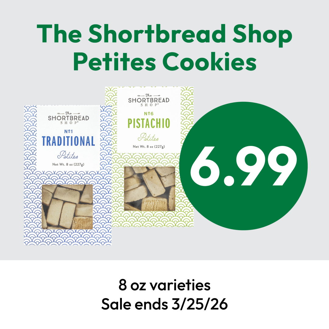 Two boxes of The Shortbread Shop Petites Cookies, one Traditional and one Pistachio flavor, with a price of $6.99. Text mentions 8 oz varieties and that the sale ends 3/25/26.