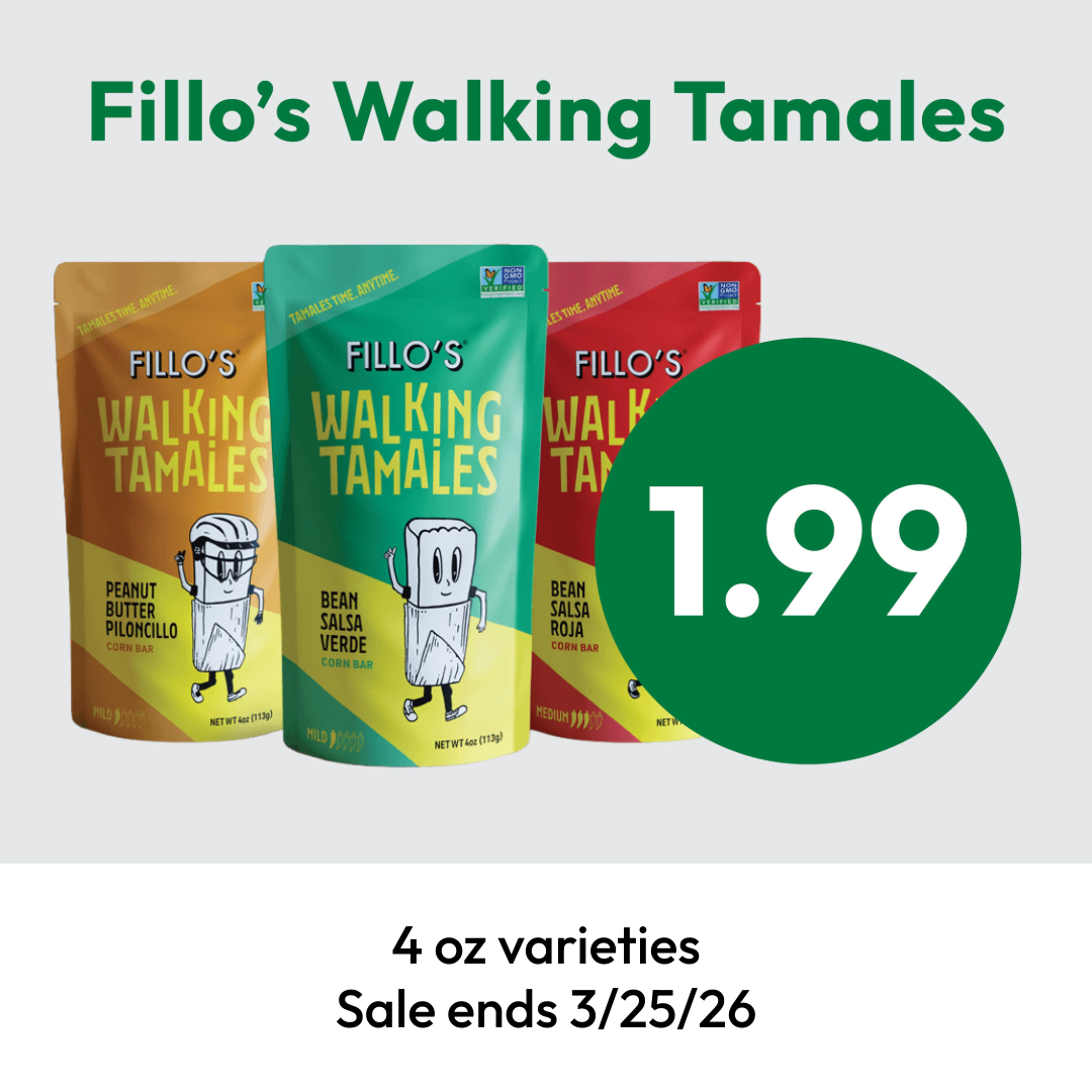 Three colorful packages of Fillo’s Walking Tamales are shown with a large green circle displaying the price $1.99. Text below notes 4 oz varieties and Sale ends 3/25/26.