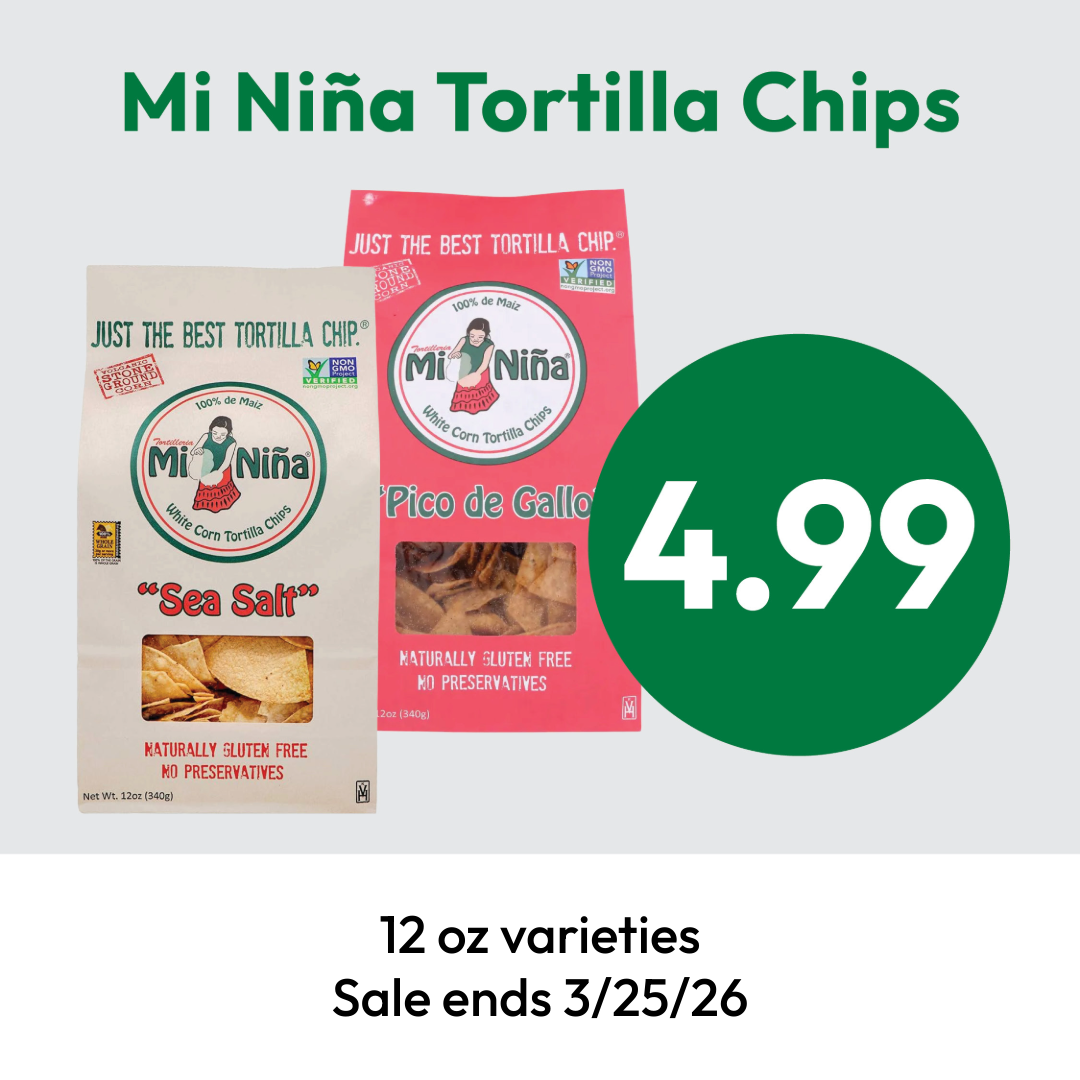 Two bags of Mi Niña tortilla chips, one “Sea Salt” and one “Pico de Gallo,” are shown above a green circle with the price $4.99. Text below notes 12 oz varieties and sale ending 3/25/26.