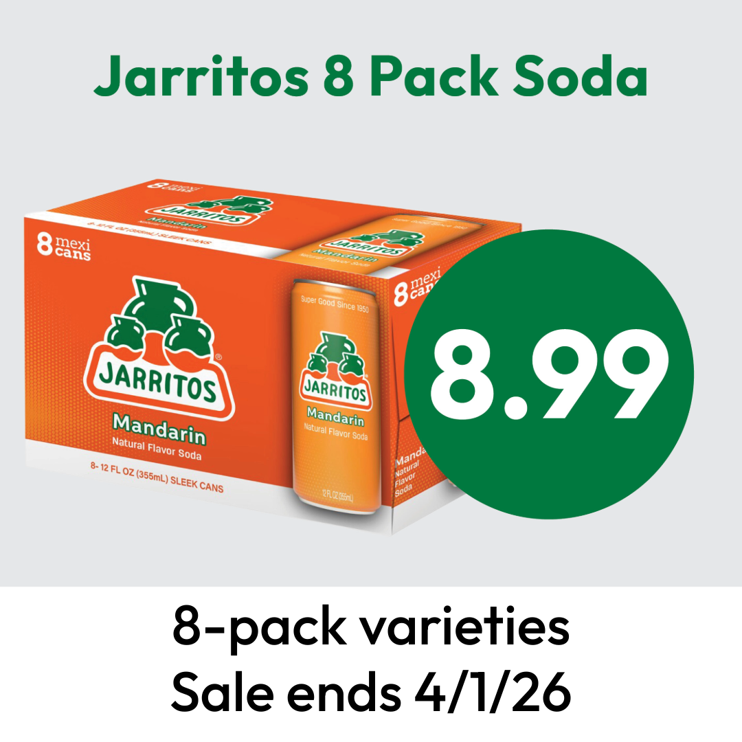 Jarritos Mandarin soda 8-pack with cans and packaging shown. Price is $8.99. Text reads: 8-pack varieties. Sale ends 4/1/26.