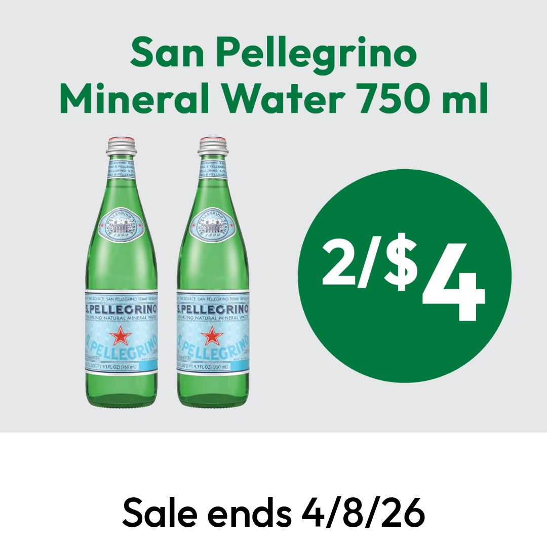Two bottles of San Pellegrino Mineral Water 750 ml with a green circle showing 2/$4. Text above reads San Pellegrino Mineral Water 750 ml. Text below says Sale ends 4/8/26.