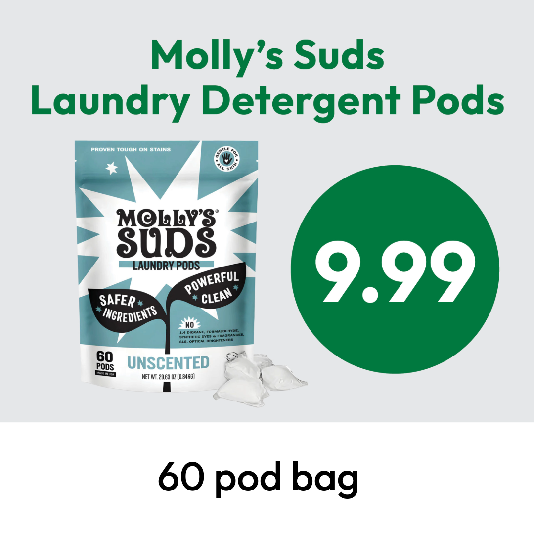 A bag of Molly’s Suds Unscented Laundry Detergent Pods is shown with three pods in front. Text highlights 9.99 price and 60 pod bag on a white background.