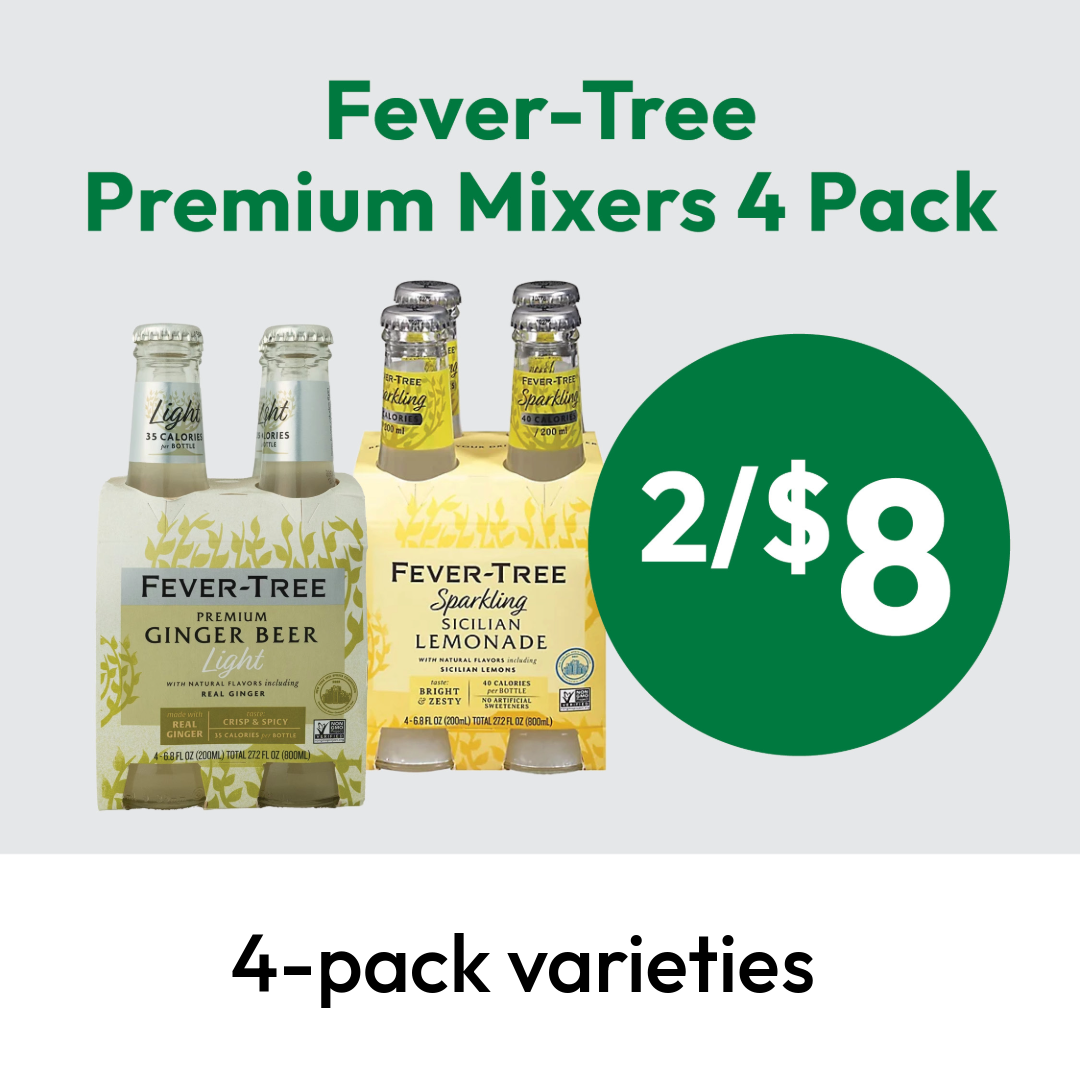 Fever-Tree Premium Mixers 4-pack varieties, featuring Ginger Beer Light and Sicilian Lemonade, on sale for 2 packs for $8.