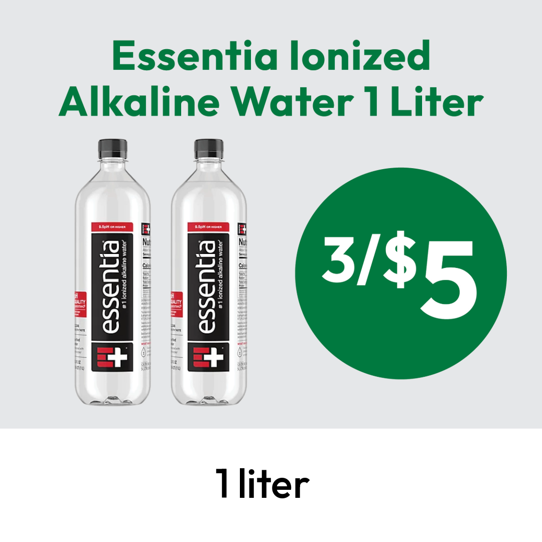 Two 1-liter bottles of Essentia Ionized Alkaline Water are shown with text advertising a sale: 3 for $5. The bottles are clear with black and red labels, and a green price circle is on the right.