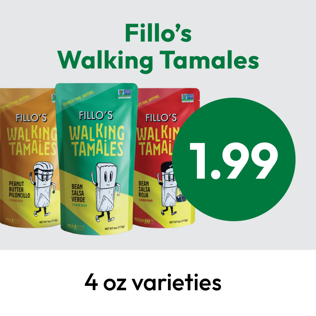 Three colorful pouches of Fillo’s Walking Tamales in different flavors are displayed next to a large green circle with 1.99. Text above reads Fillo’s Walking Tamales, and below reads 4 oz varieties.