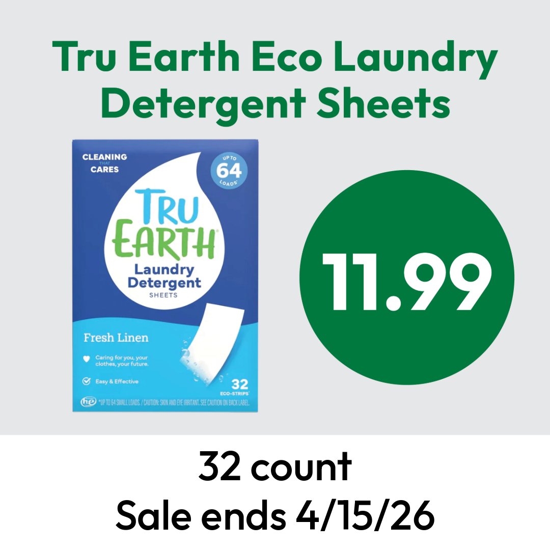 Tru Earth Eco Laundry Detergent Sheets, Fresh Linen, 32 count on sale for $11.99. Box is shown with sale ending 4/15/26. Blue and white packaging with green text highlights.