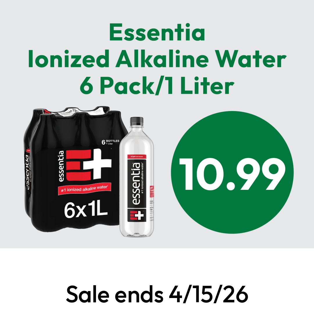 Essentia Ionized Alkaline Water 6 pack (1 liter bottles) shown with price $10.99 in a green circle. Sale ends 4/15/26.