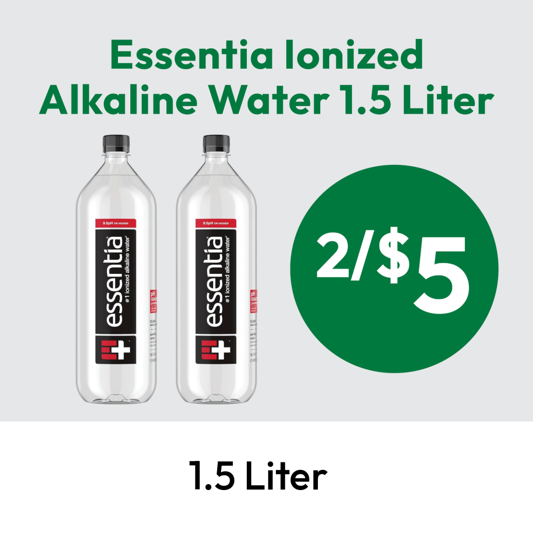 Two 1.5-liter bottles of Essentia Ionized Alkaline Water with a green circle stating 2/$5. Text above reads Essentia Ionized Alkaline Water 1.5 Liter, and 1.5 Liter is written below.