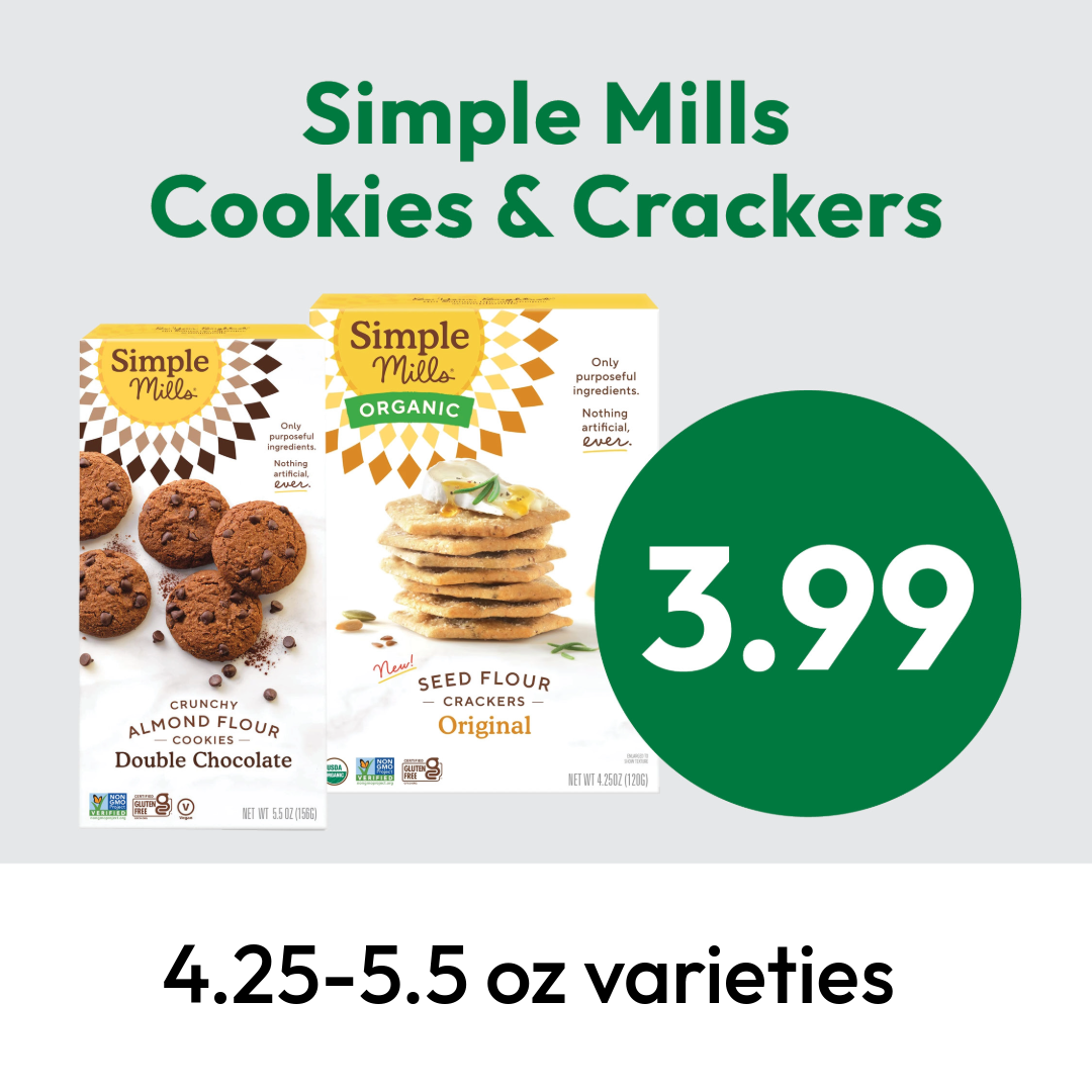 Two boxes of Simple Mills cookies and crackers, one Double Chocolate and one Original, are displayed next to a large green circle with $3.99 and the text 4.25–5.5 oz varieties below.