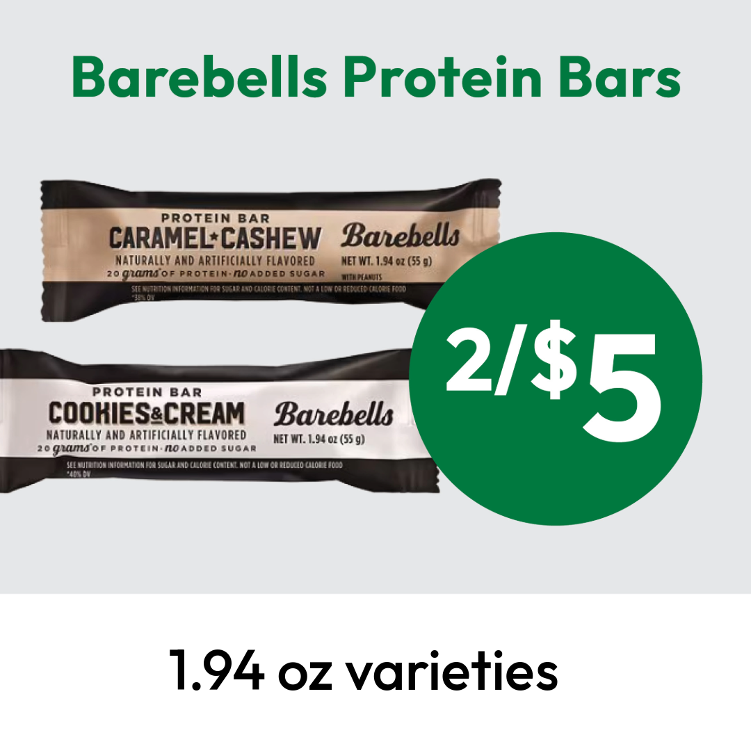 Image showing Barebells Protein Bars in caramel cashew and cookies & cream flavors, with a green circle stating 2/$5. Text below reads 1.94 oz varieties.