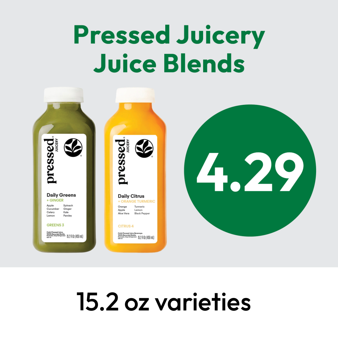 Two bottles of Pressed Juicery juice blends, one green (Daily Greens) and one yellow (Daily Citrus), with text showing a price of $4.29 and “15.2 oz varieties” below the bottles.