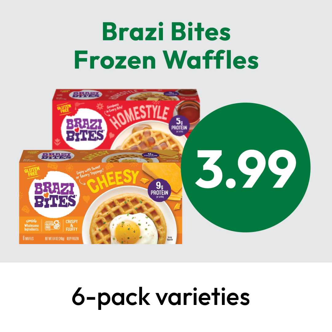 Two boxes of Brazi Bites Frozen Waffles, Homestyle and Cheesy flavors, with a large green circle showing the price $3.99. Text below reads 6-pack varieties.