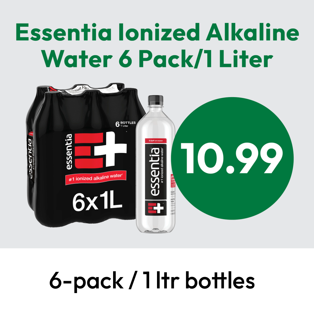 Essentia Ionized Alkaline Water 6-pack of 1-liter bottles next to a single bottle and a large green circle with the price $10.99. Text reads: 6-pack / 1 ltr bottles.