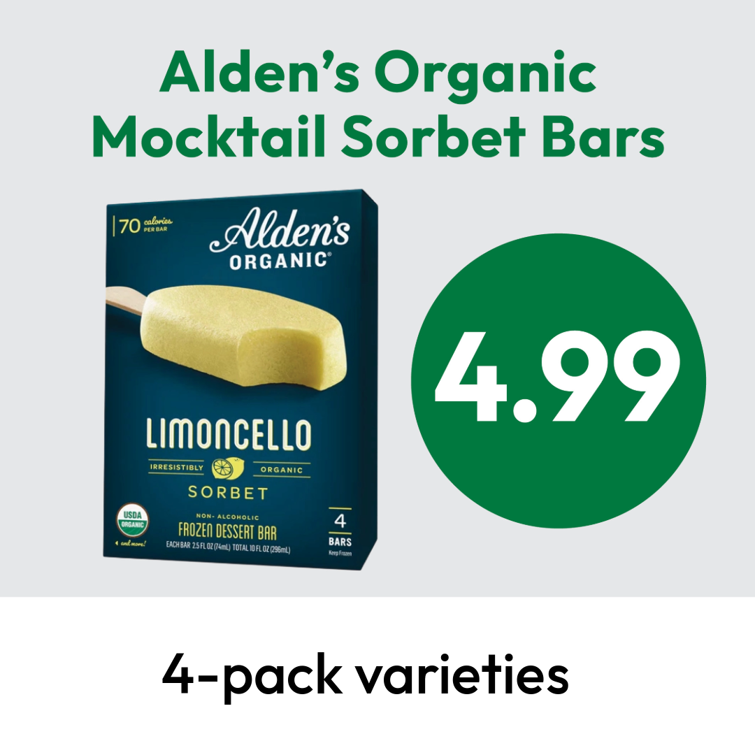 A box of Alden’s Organic Limoncello Mocktail Sorbet Bars with text showing the price as $4.99 and a note that 4-pack varieties are available.