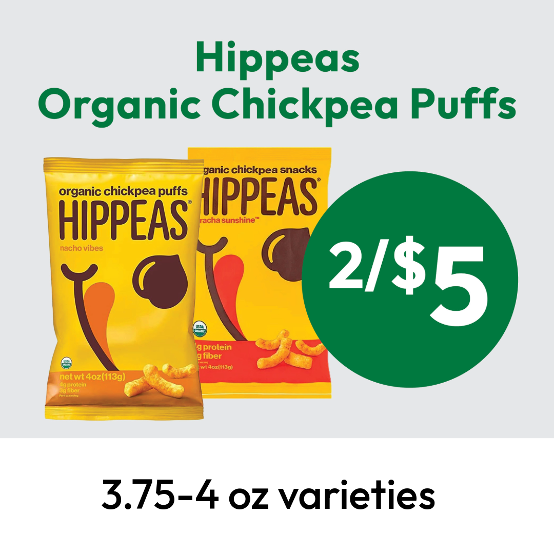 Two bags of Hippeas Organic Chickpea Puffs are shown, one yellow (nacho vibes) and one orange (vegan white cheddar), with a green circle displaying 2/$5 and text noting 3.75–4 oz varieties.