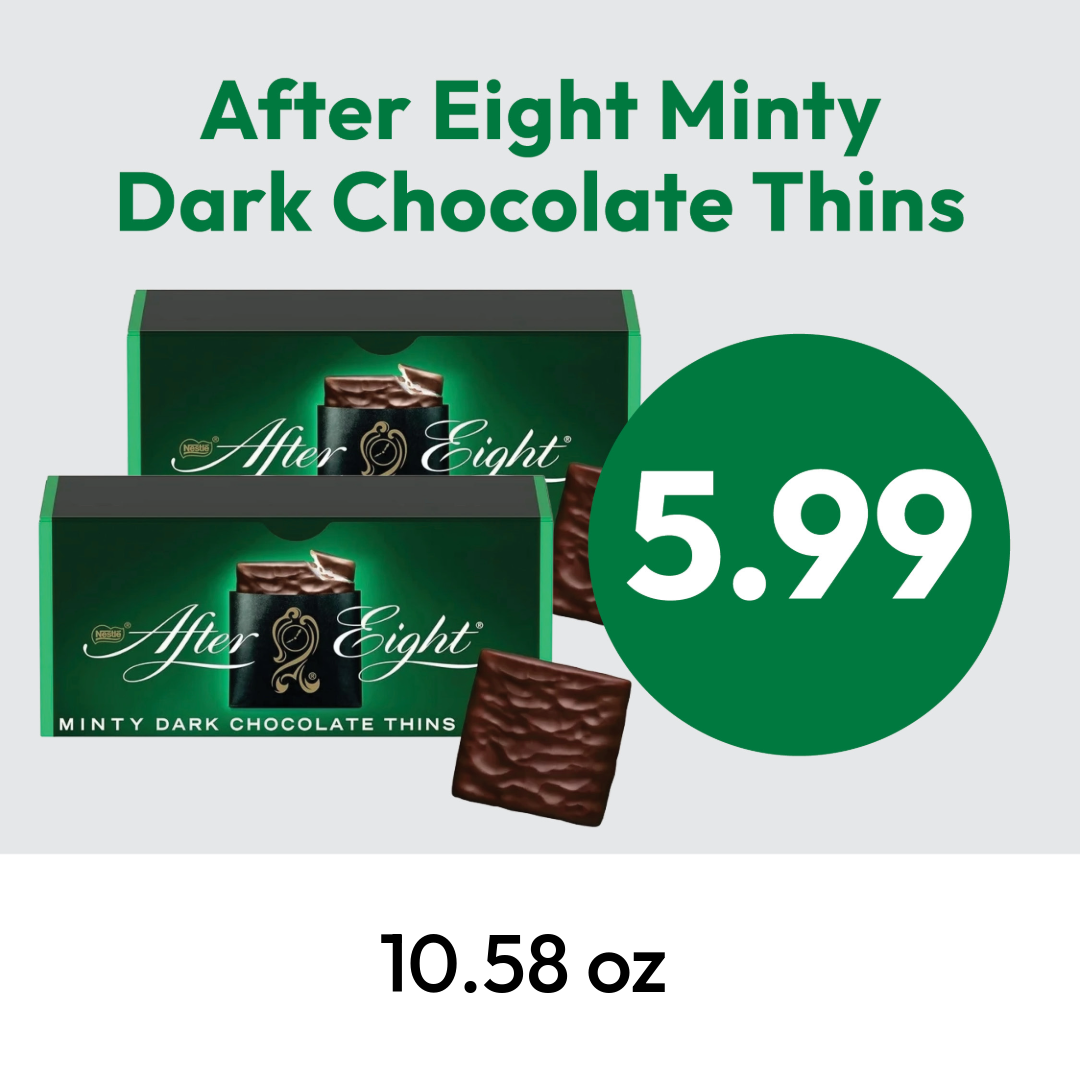 Two boxes of After Eight Minty Dark Chocolate Thins with two chocolate squares in front. Text shows price $5.99 and net weight 10.58 oz.