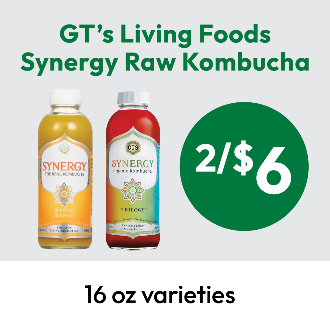 Two bottles of GT’s Living Foods Synergy Raw Kombucha, Mystic Mango and Trilogy flavors, with a price of 2 for $6, labeled as 16 oz varieties.