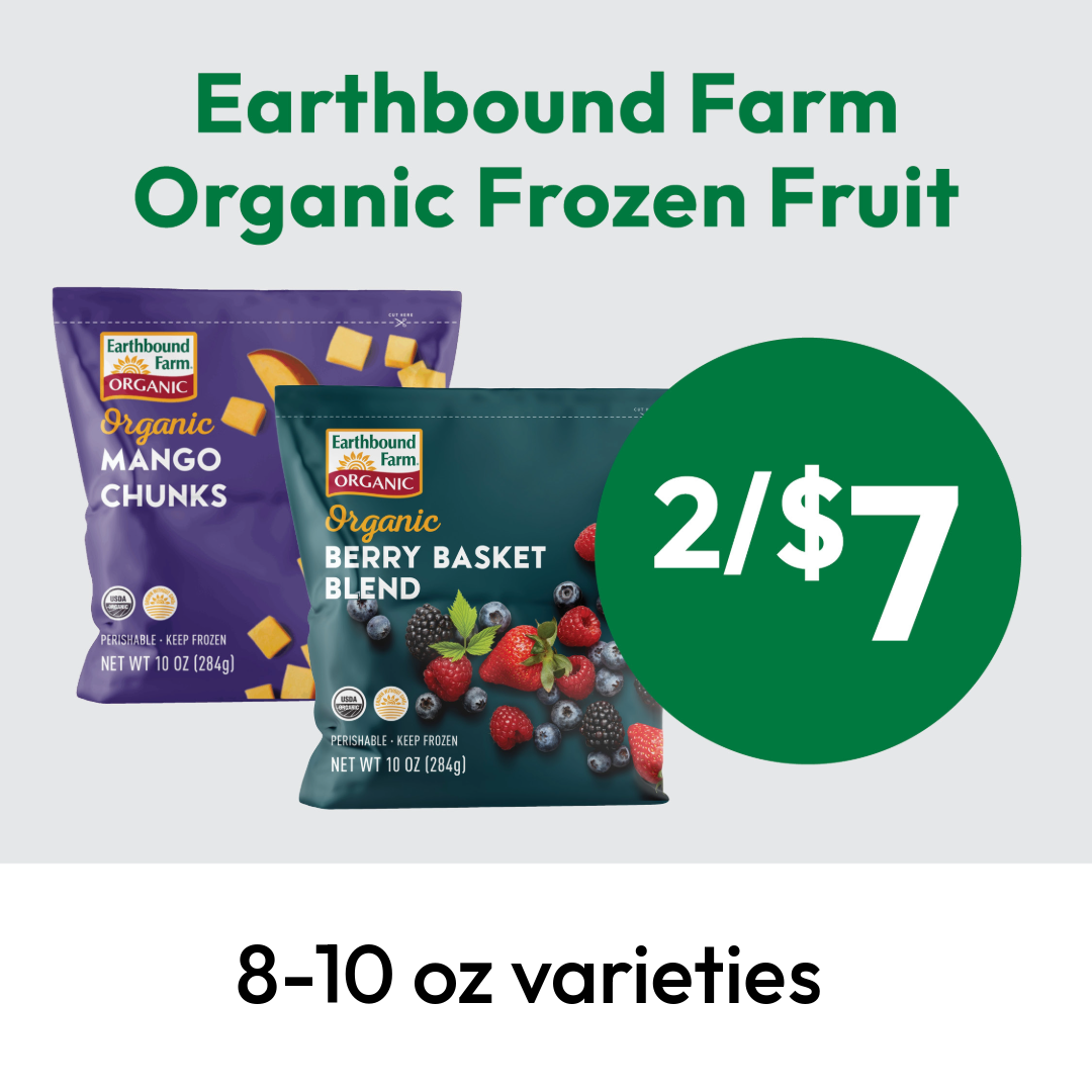 Two bags of Earthbound Farm Organic Frozen Fruit, Mango Chunks and Berry Basket Blend, with text 2/$7 and 8–10 oz varieties.