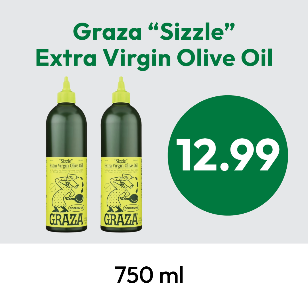 Two bottles of Graza “Sizzle” Extra Virgin Olive Oil with green caps are shown next to a green circle with the price $12.99. The text below the image says 750 ml.