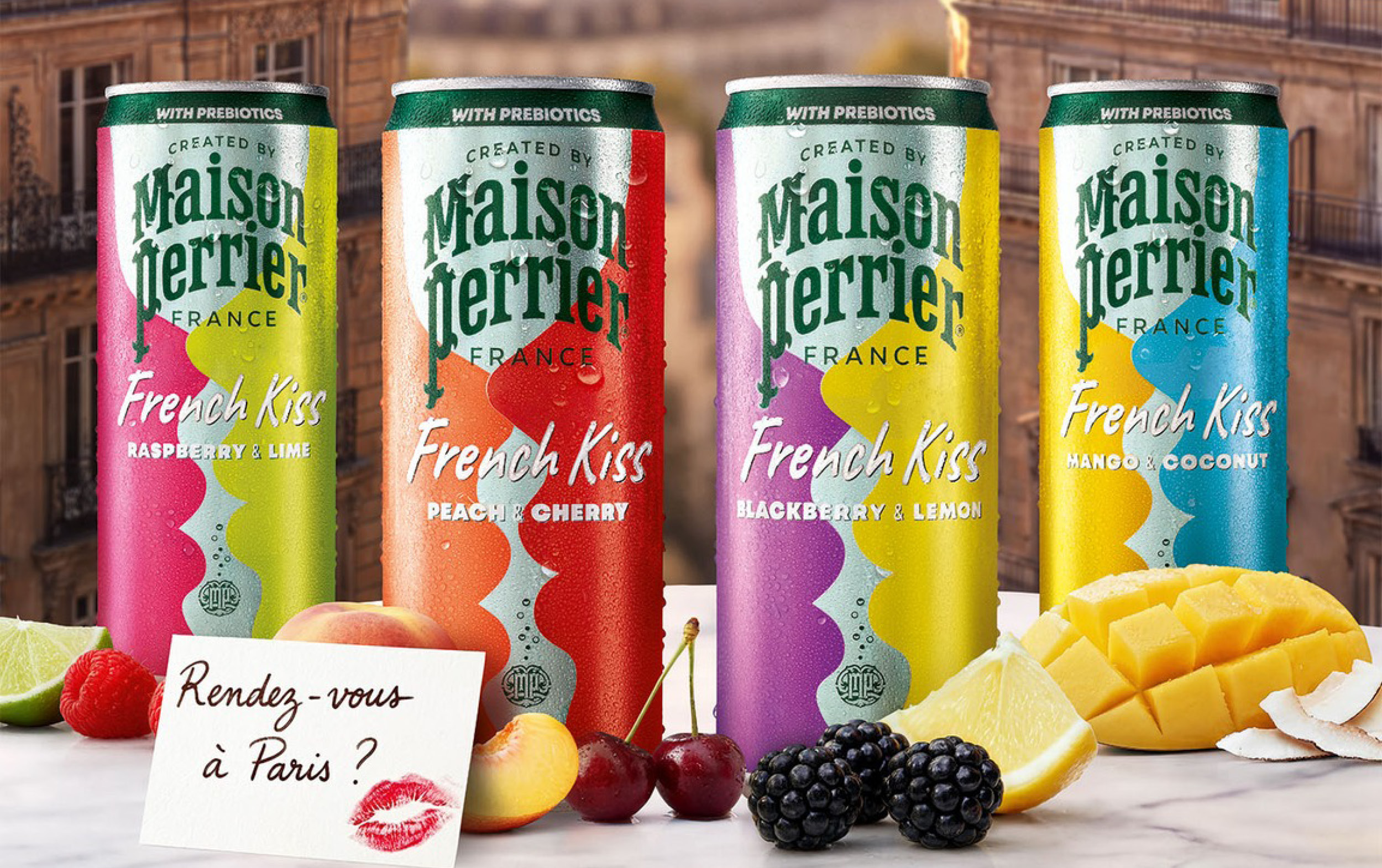 Four colorful cans of Maison Perrier French Kiss sparkling drinks—New Arrivals in fruity flavors (raspberry-lime, peach-cherry, blackberry-lemon, mango-coconut)—are shown with fresh fruit and a note reading Rendez-vous à Paris?.