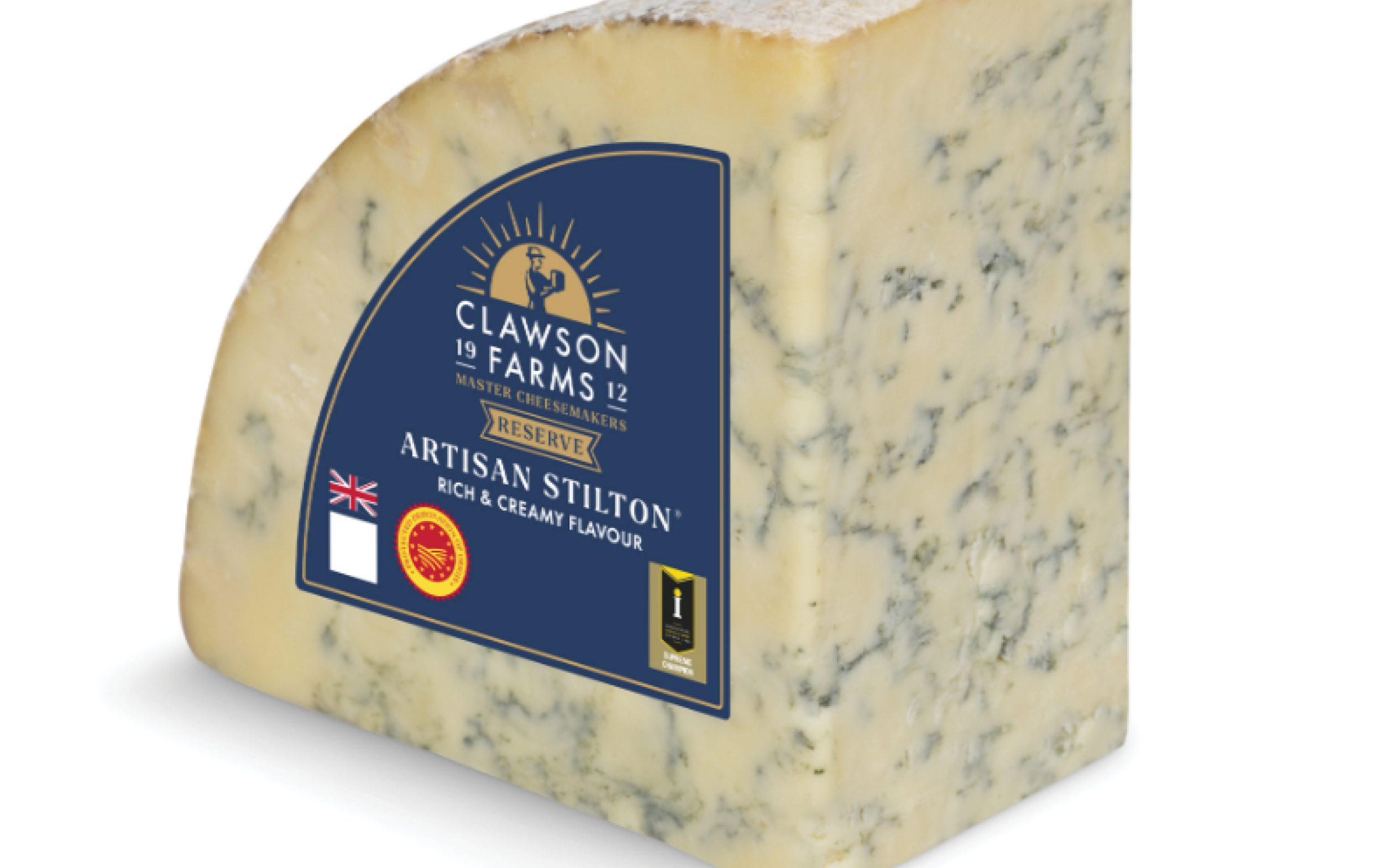 A wedge of blue cheese with a blue and gold label reading Clawson Farms Artisan Stilton and displaying various certification marks, set against a white background.