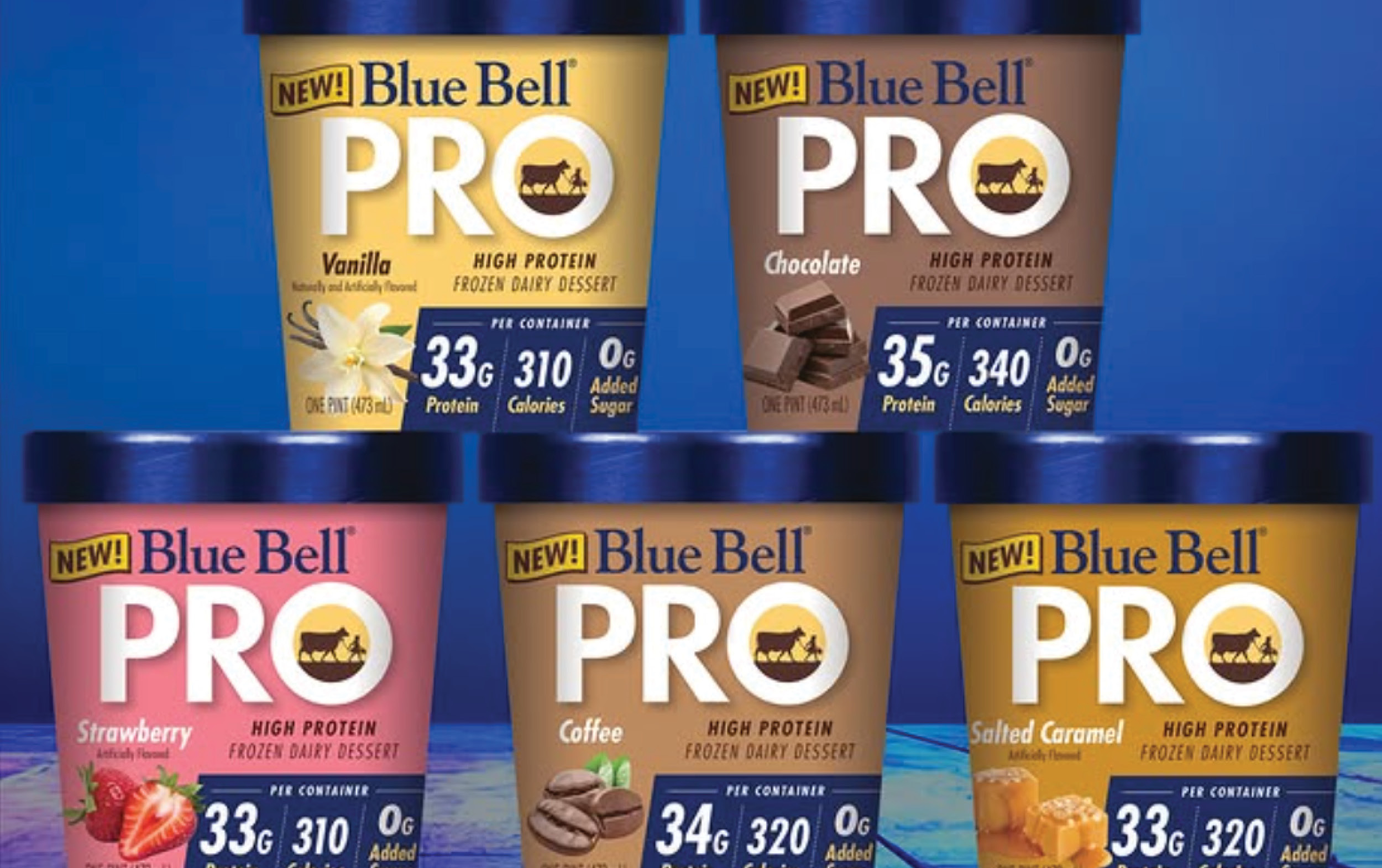 Five Blue Bell Pro high protein frozen dairy dessert containers in various flavors: Vanilla, Chocolate, Strawberry, Coffee, and Salted Caramel, each showing protein and calorie content on the label.