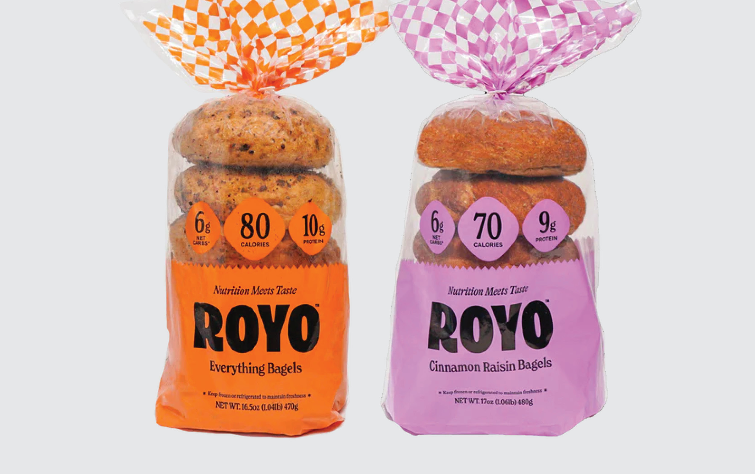 Two bags of ROYO bagels: one orange bag labeled Everything Bagels (80 calories, 10g protein), and one purple bag labeled Cinnamon Raisin Bagels (70 calories, 9g protein). Each bag contains six bagels.