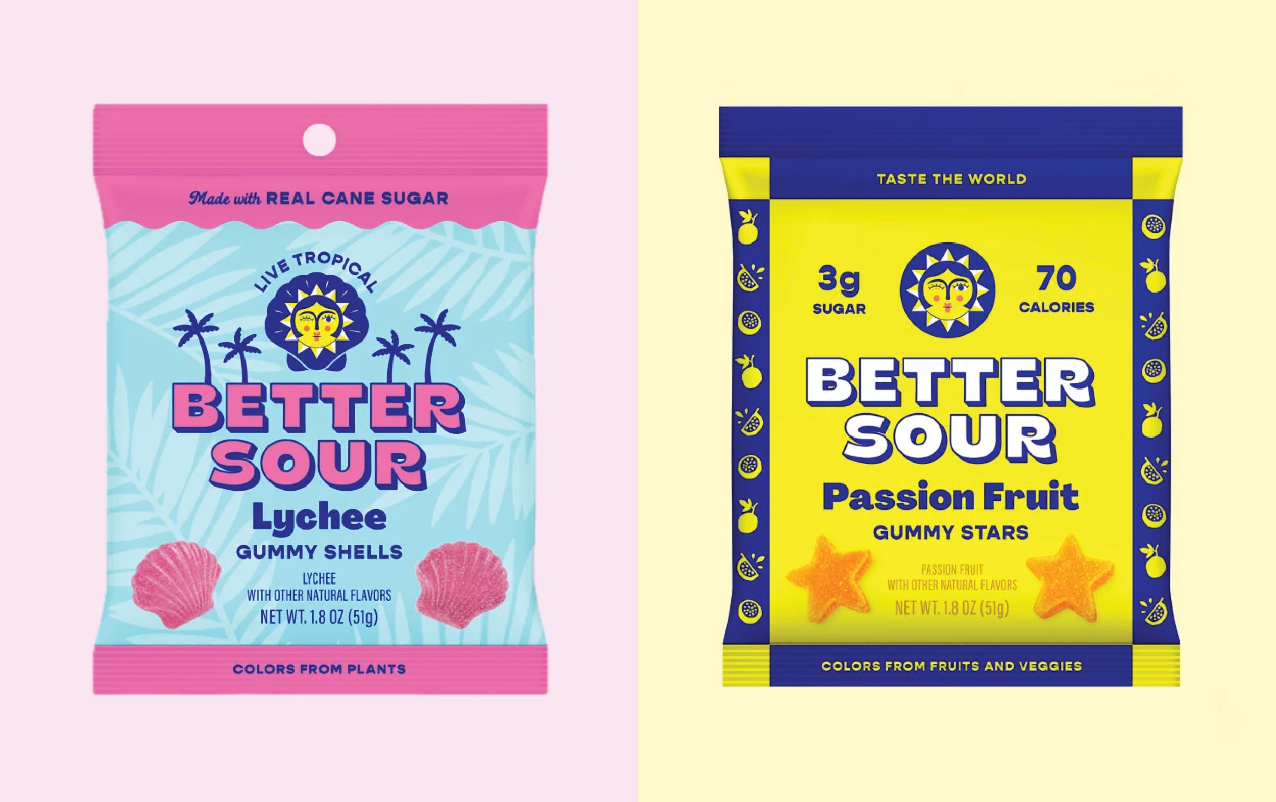 Two colorful candy packages: one pink and blue with Better Sour Lychee Gummy Shells, the other yellow and blue with Better Sour Passion Fruit Gummy Stars. Both have fruit and candy illustrations.