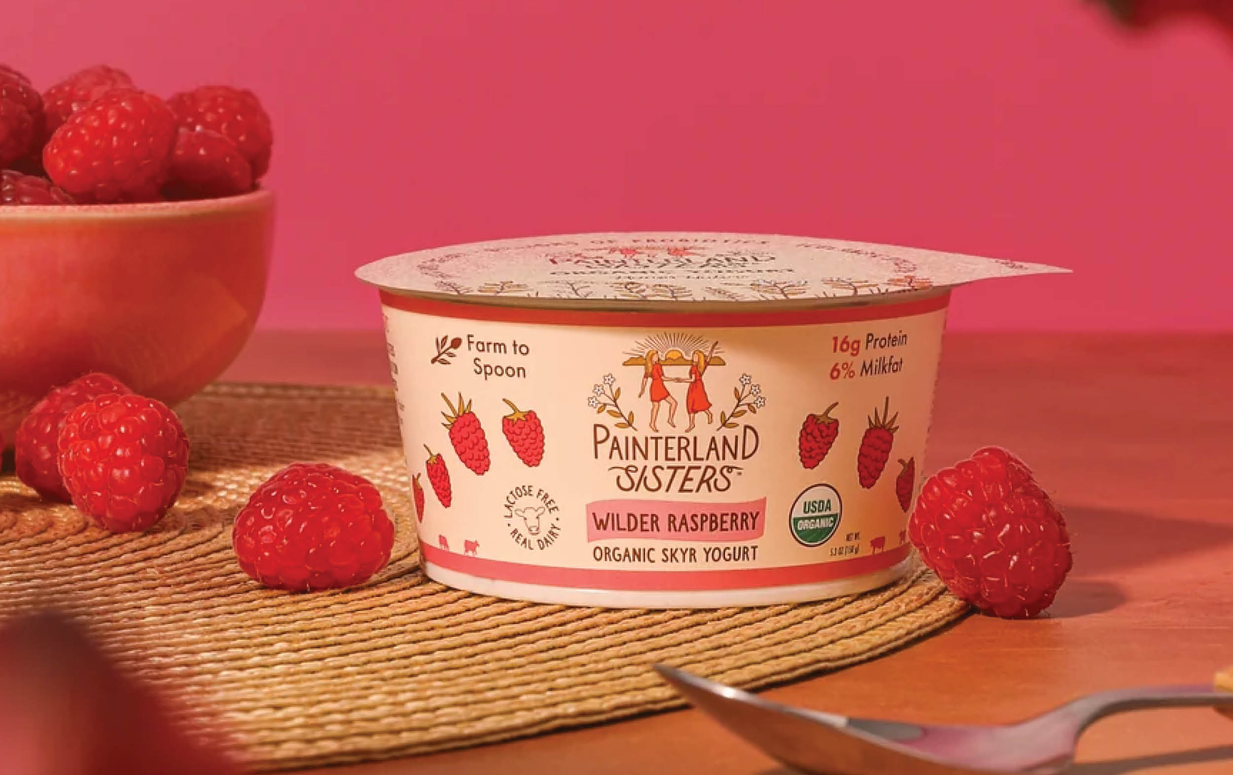 A cup of Painterland Sisters organic skyr yogurt, wilder raspberry flavor, sits on a woven mat surrounded by fresh raspberries, with a bowl of raspberries and a pink background.