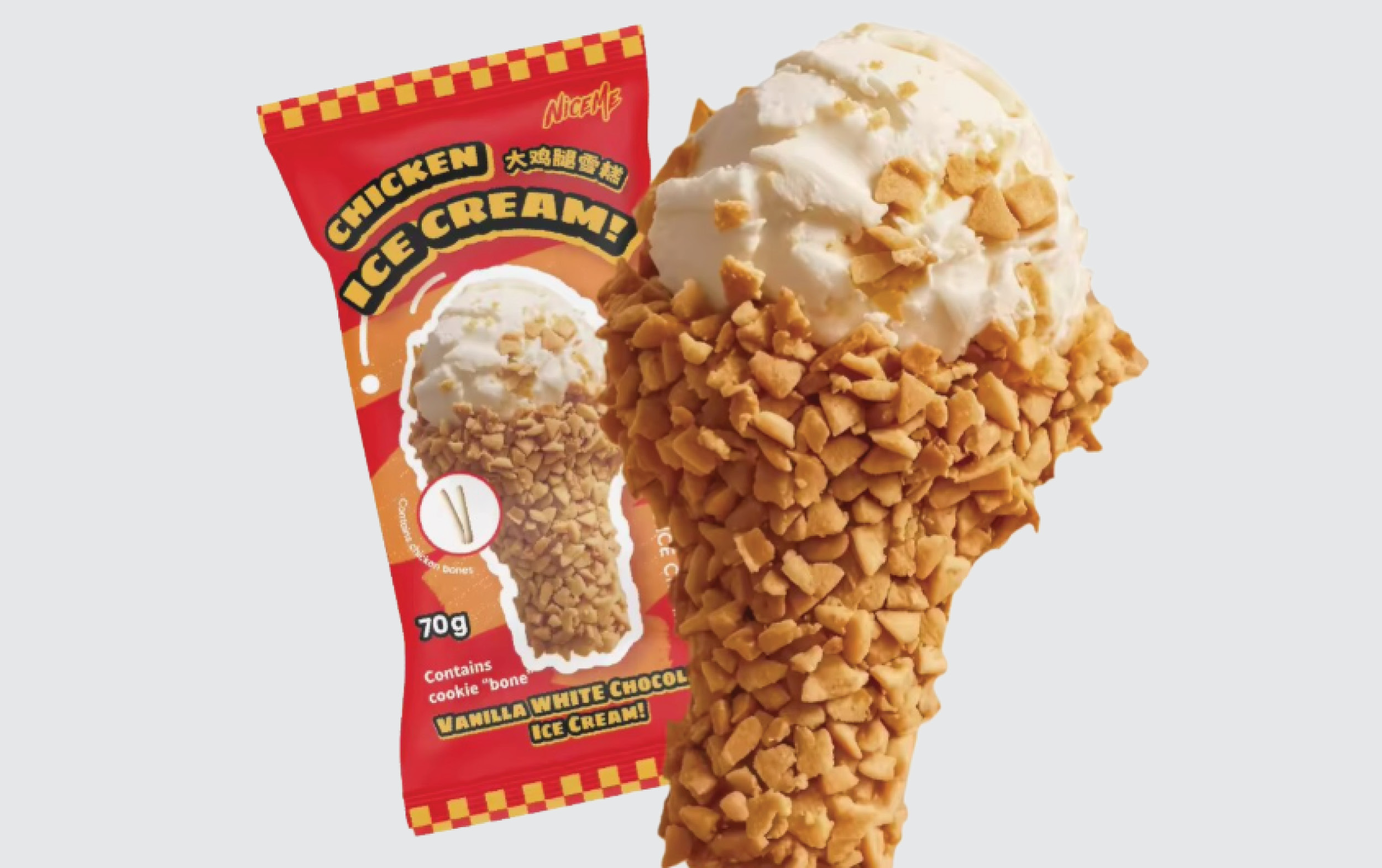 A vanilla ice cream cone coated with crunchy pieces, shown next to its bright red packaging labeled Chicken Ice Cream—one of our New Arrivals—with an image of the cone and text indicating it contains cookie and vanilla white chocolate.