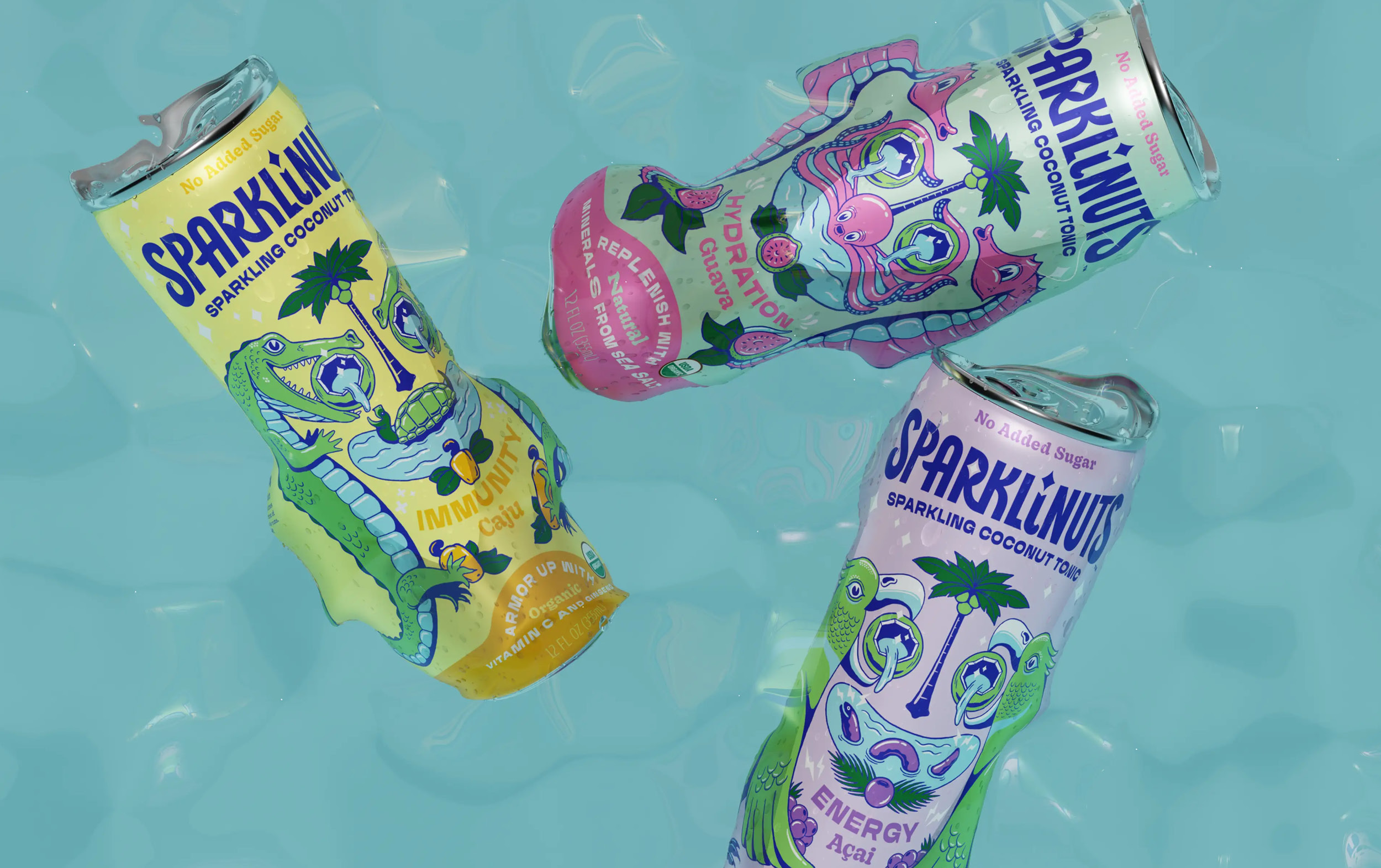 Three colorful Sparkilnut sparkling coconut water cans float in a bright blue pool. The cans feature playful, tropical animal illustrations and are labeled Mango, Grape, and Energy Açaí flavors.