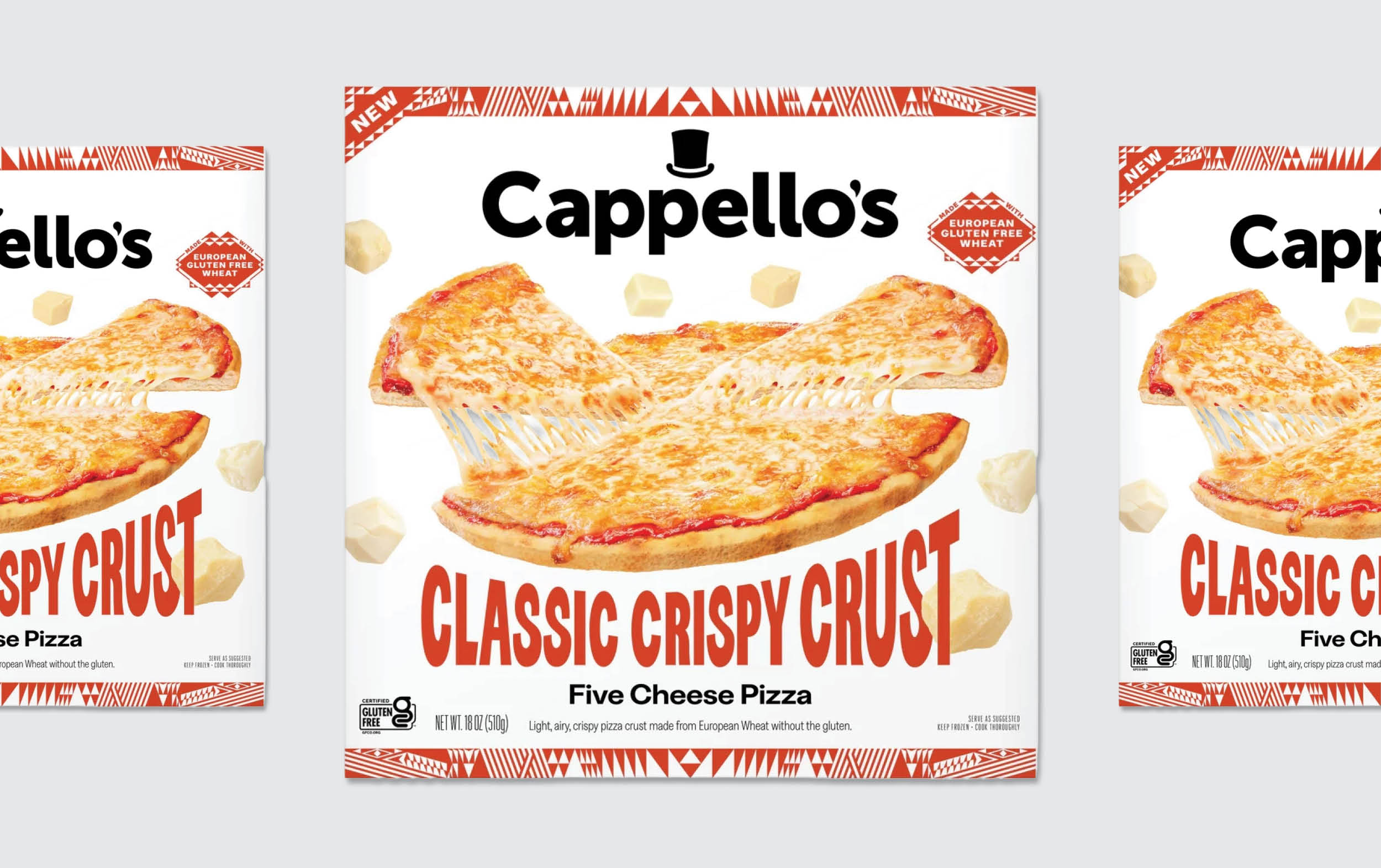 Cappello’s Five Cheese Pizza box featuring an image of a pizza slice being lifted with melted cheese stretching, labeled “Classic Crispy Crust.” The box highlights “Grain Free, Gluten Free” and has a white and orange design.
