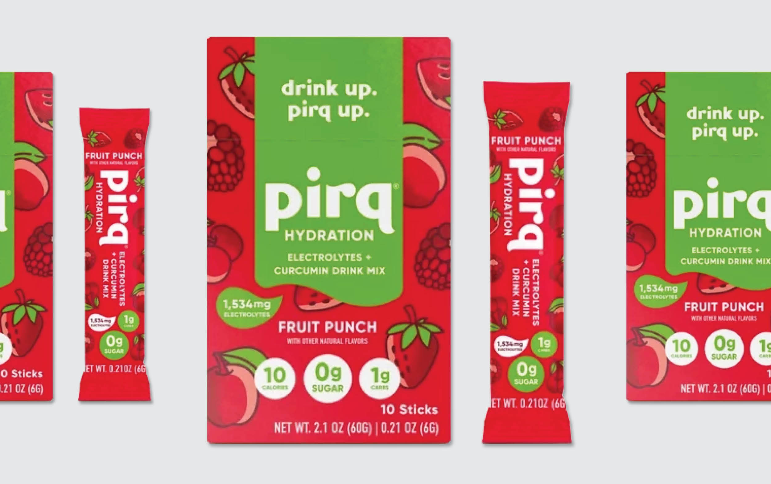 Box and stick packs of pirq Hydration fruit punch drink mix with images of tomatoes and raspberries. The packaging highlights electrolytes, 1,534 mg electrolyte blend, 10 calories, 0g sugar, and 1g carbs per stick.