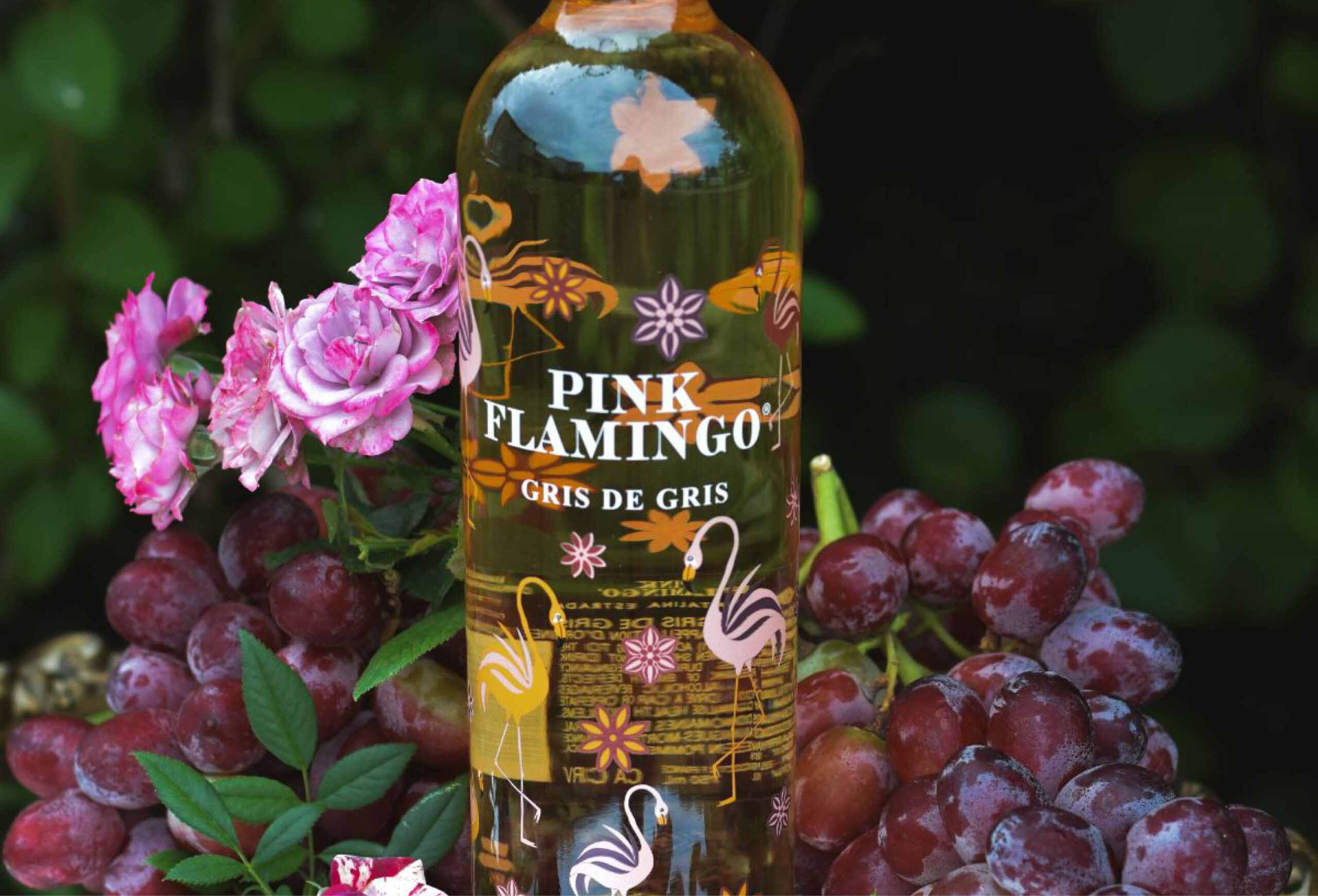 A bottle of Pink Flamingo Gris de Gris wine stands among pink roses and clusters of red grapes, with a dark leafy background. The bottle features pink, white, and orange flamingo and flower designs.