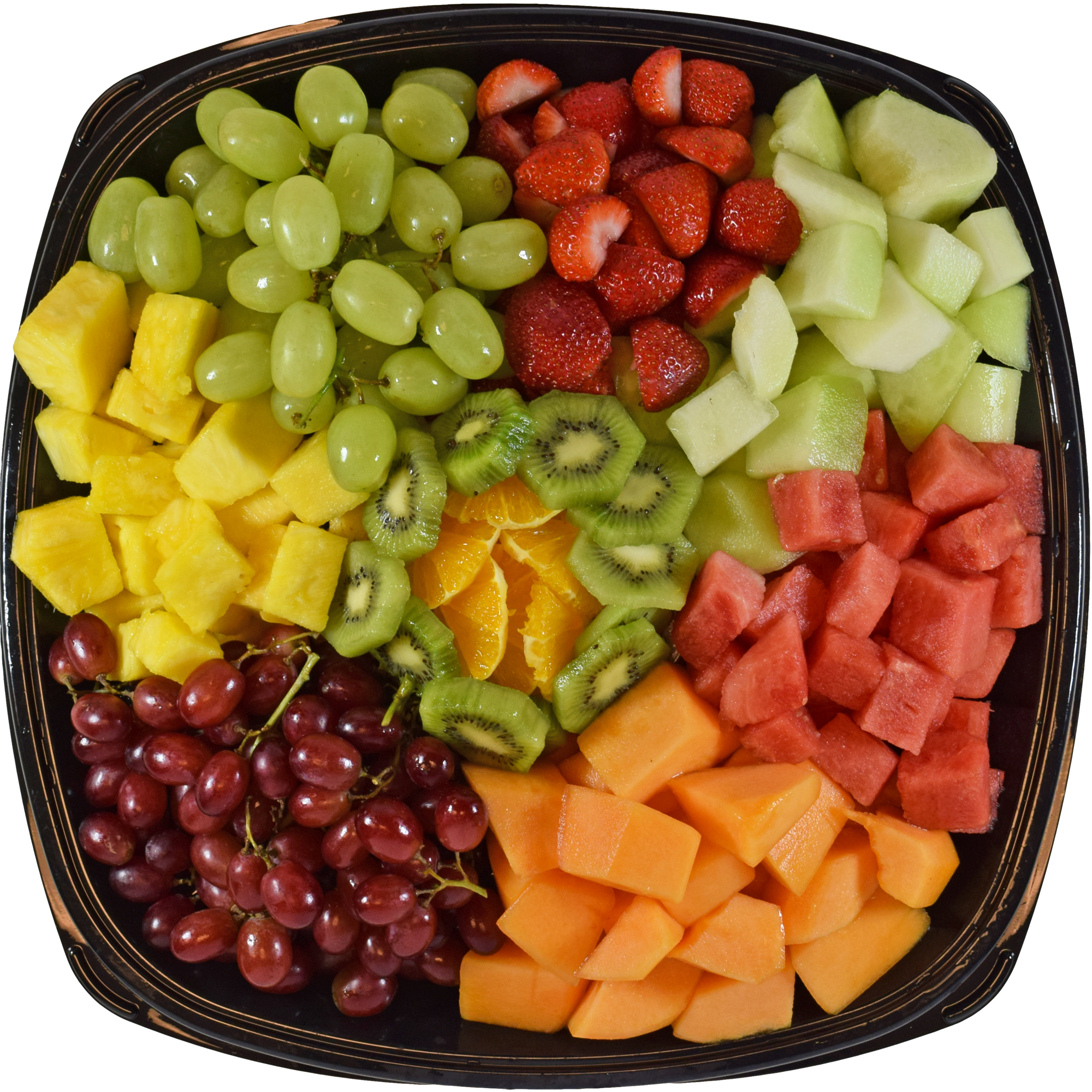Order online a platter filled with sections of assorted fresh fruits: green grapes, strawberries, honeydew melon, watermelon, cantaloupe, red grapes, pineapple, orange slices, and kiwi slices.