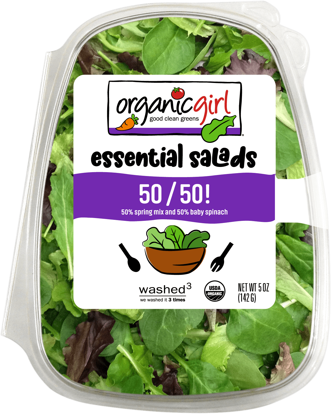Clear plastic container labeled organicgirl essential salads 50/50, featuring a mix of organic greens like spring greens and baby spinach. The package notes it is washed three times and weighs 5 ounces (142 grams).