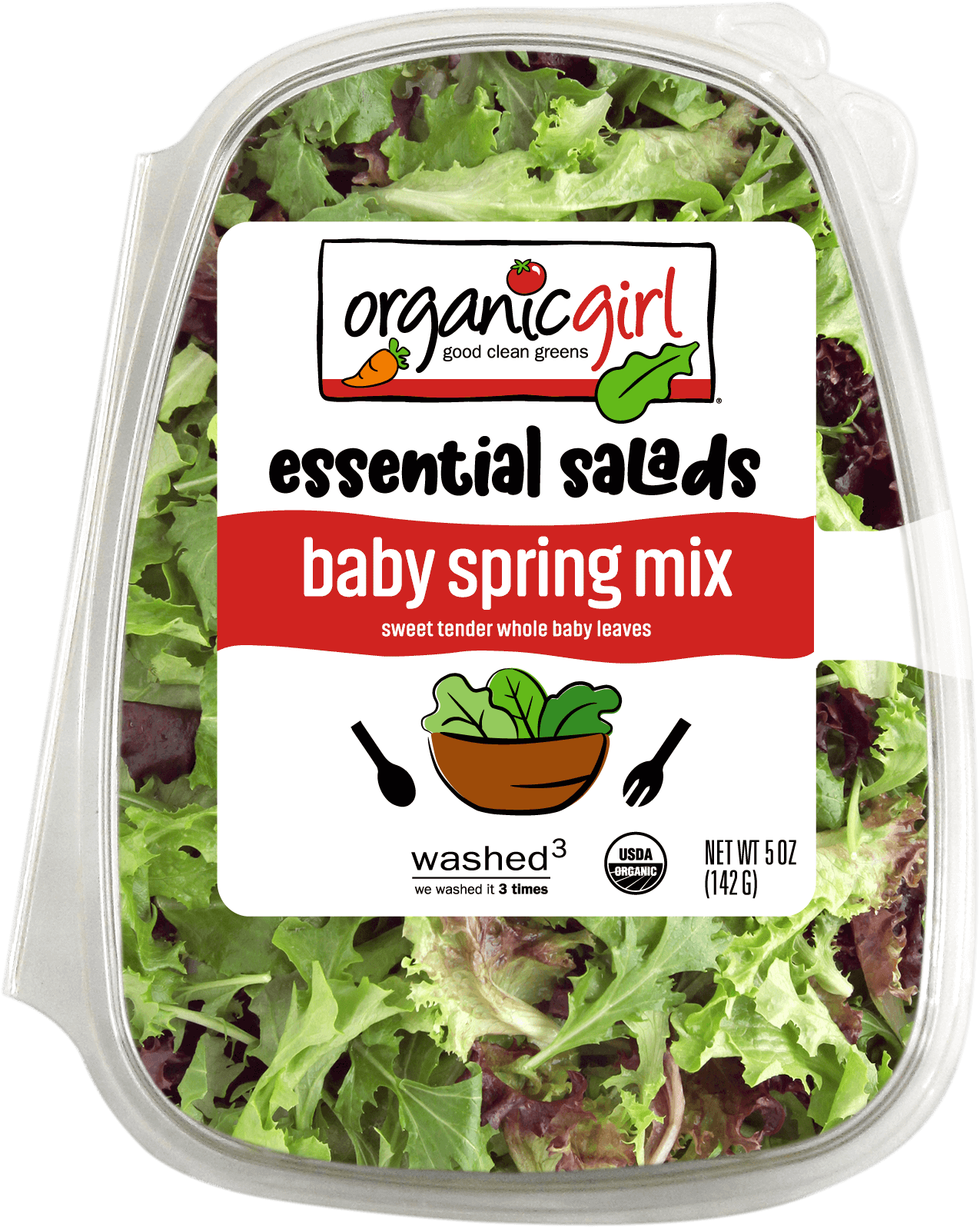 A clear plastic container of organicgirl essential salads baby spring mix, featuring a blend of fresh green and purple salad greens. The label highlights its USDA organic certification and a weight of 5 oz (142 g).